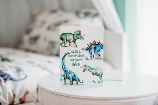 Personalised Watercolour Dinosaur Birthday Card – Custom Hand-Painted Card with Name