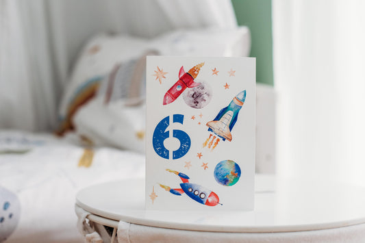 Personalised Rocket and Spaceship Birthday Card – Custom Watercolour Hand-Painted Design with any Age