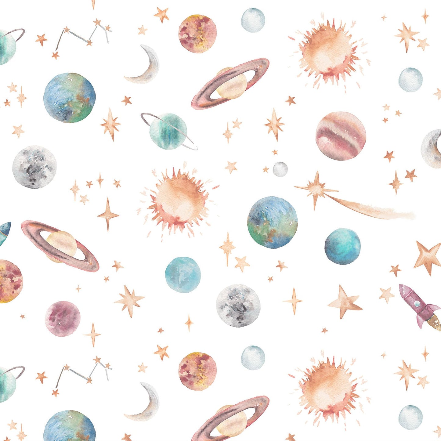 Pattern of space-themed illustrations including planets, stars, and rockets on a white background.
