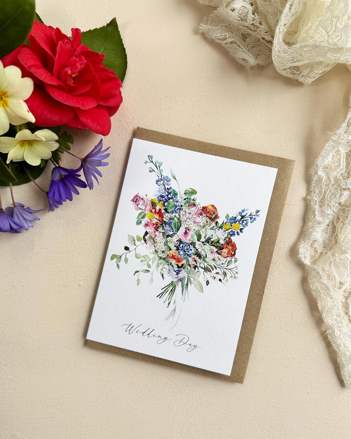 Floral Happy Wedding Day Card β Hand-Painted Watercolour Bouquet