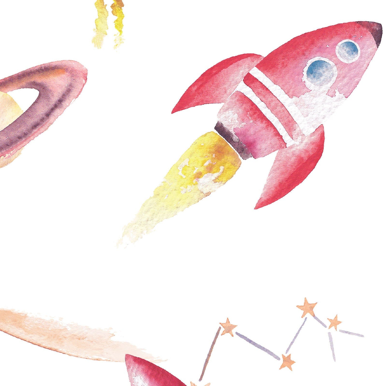 Colorful illustration of a rocket ship, planet, and stars on a white background