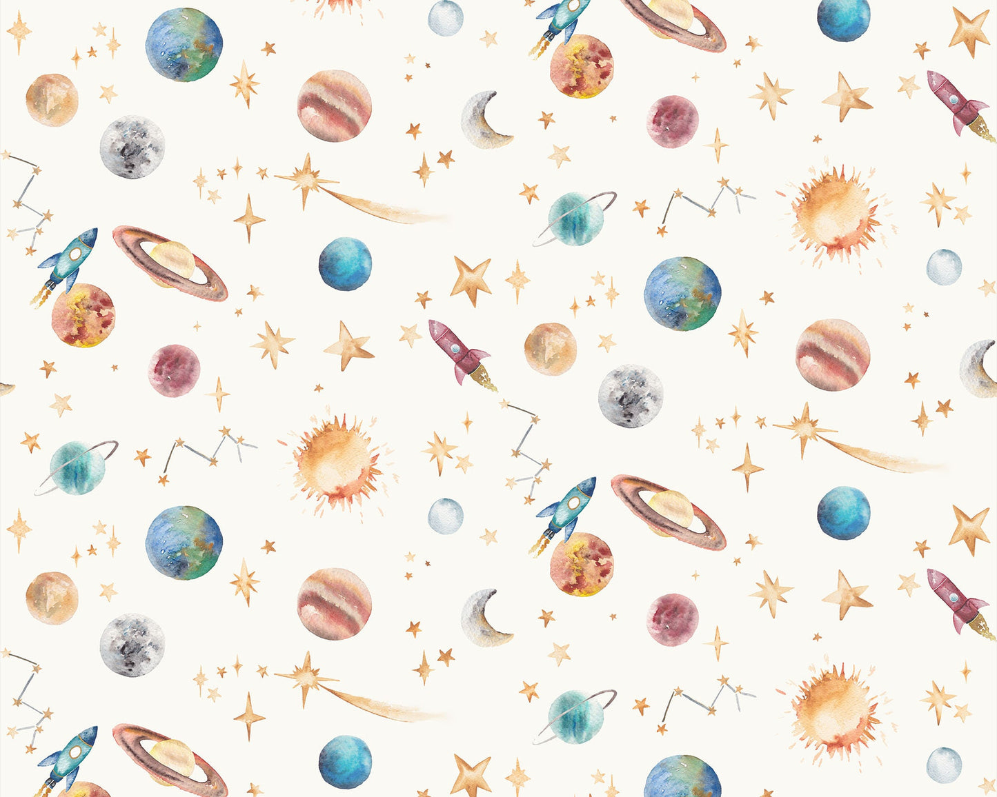 Watercolour Planets Outer Space - Cotton Curtain Fabric