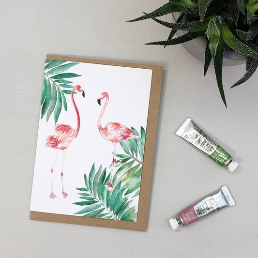 Flamingos Tropical hand painted greetings card