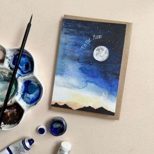 Hand-Painted Moon & Stars Watercolour Greeting Card