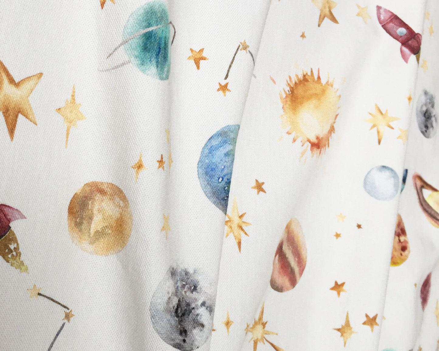 Watercolour Planets Outer Space - Cotton Curtain Fabric
