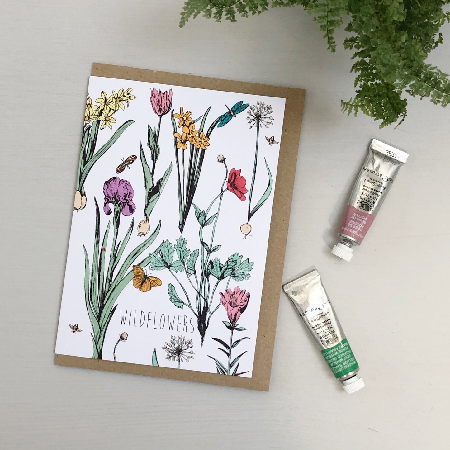 Pressed flowers hand drawn greetings card
