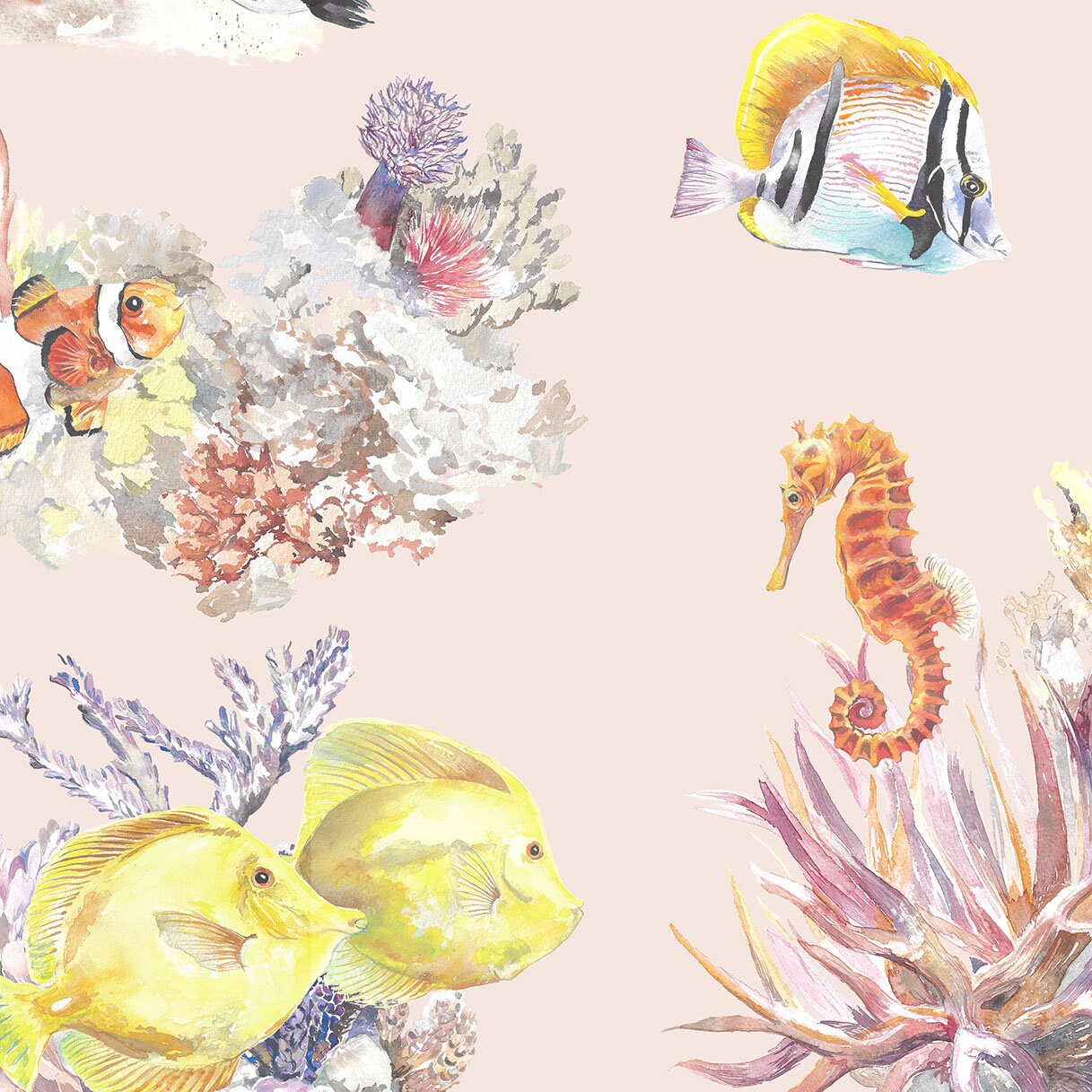 Coral Reef and Tropical Fish Cotton Curtain Fabric