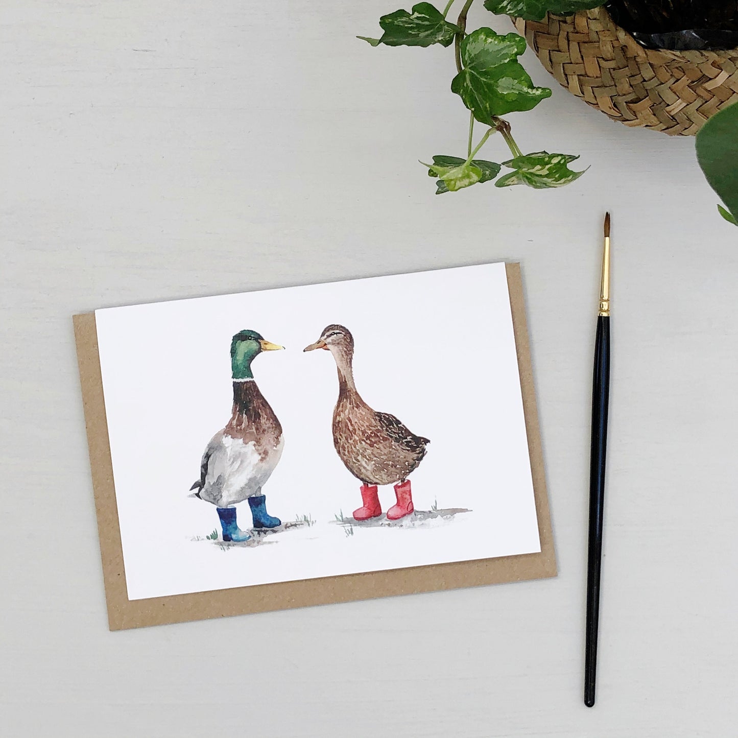 Ducks in wellies hand painted greetings card