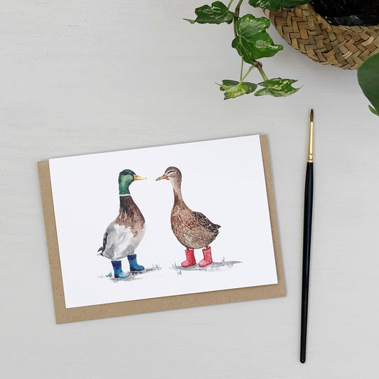 Ducks in wellies hand painted greetings card