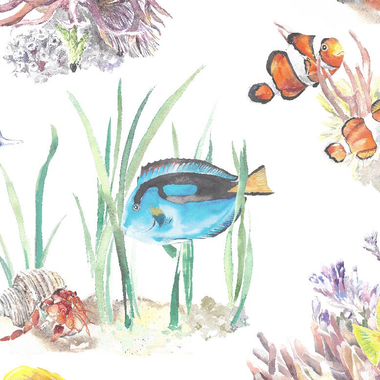 Coral Reef and Tropical Fish Cotton Curtain Fabric
