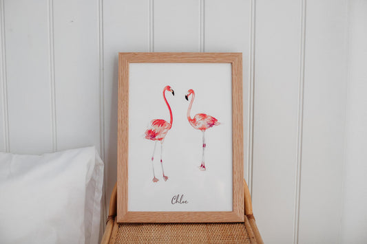 Personalised Watercolour Flamingo Art Print – Custom Nursery or Kids Room Decor, A3/A4/A5 Sizes