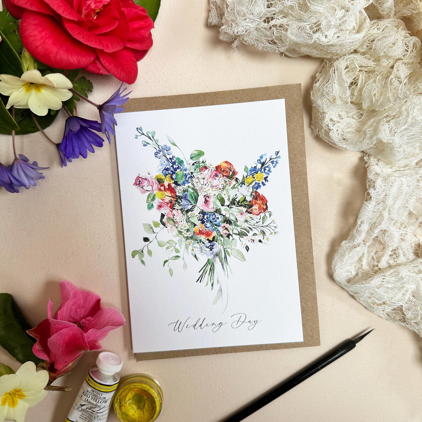 Floral Happy Wedding Day Card β Hand-Painted Watercolour Bouquet