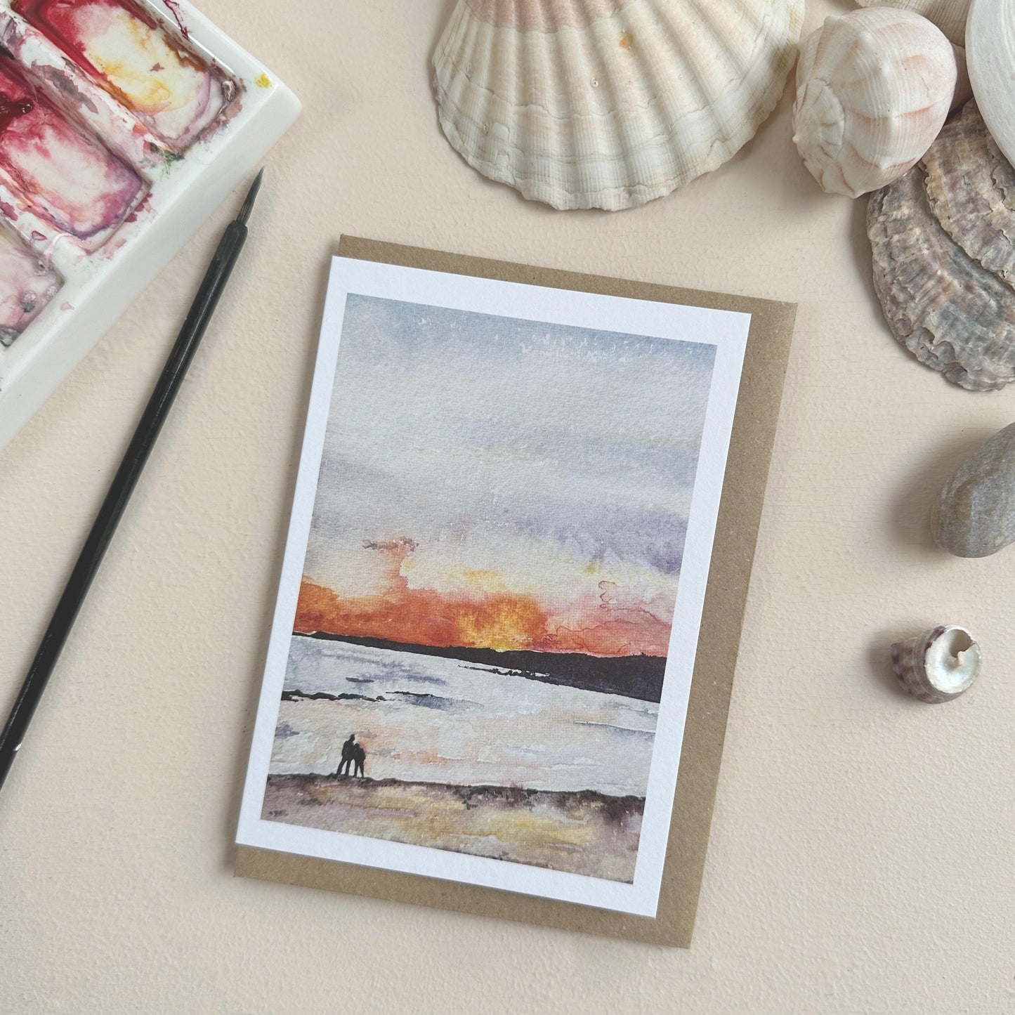 Hand-Painted South Milton Sands Beach Sunset Watercolour Greeting Card