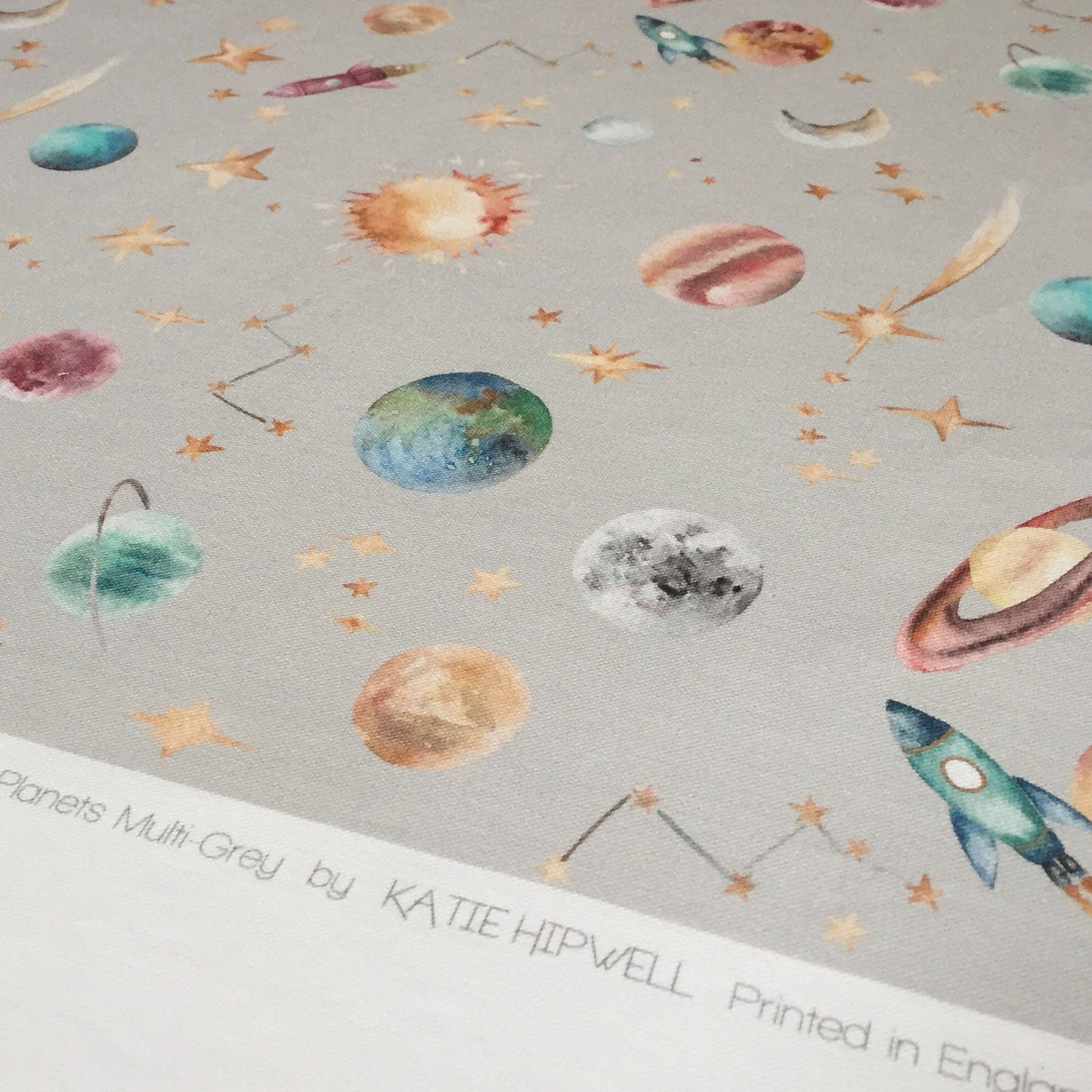 Watercolour Planets Outer Space - Cotton Curtain Fabric