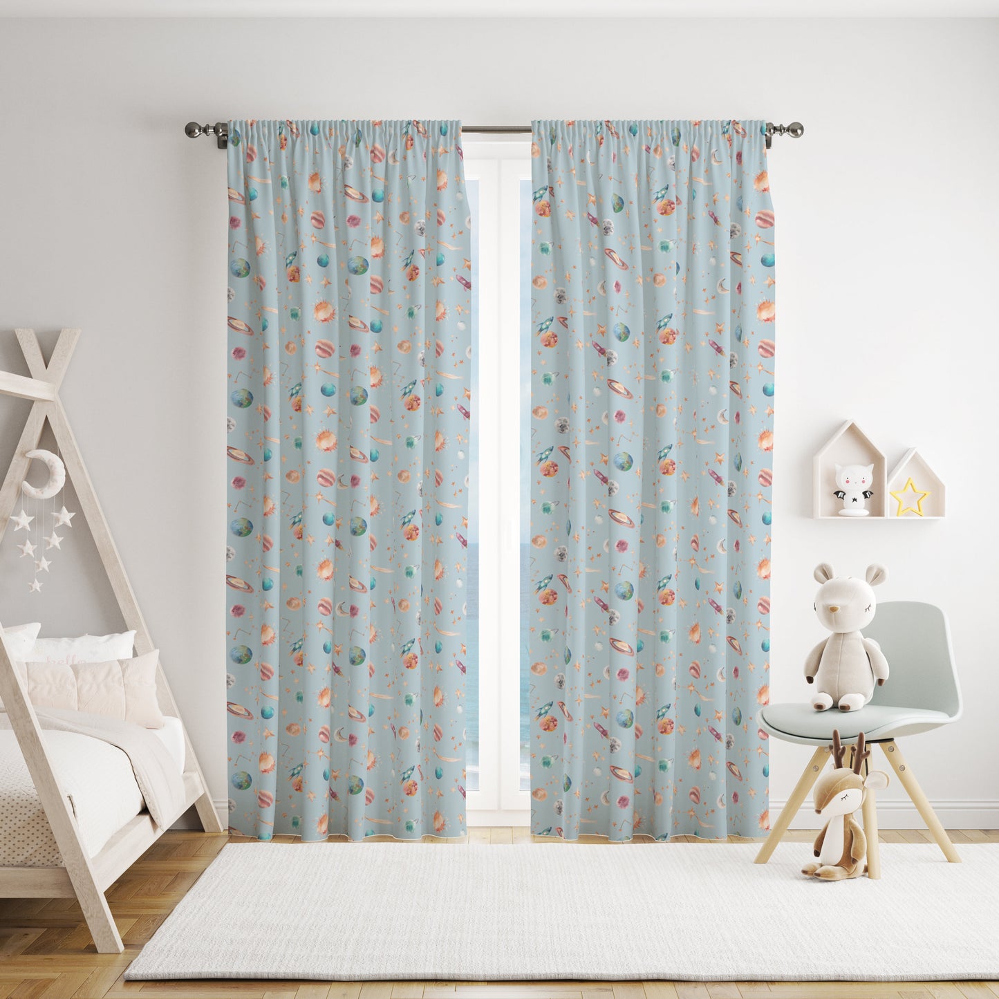 Watercolour Planets Outer Space - Cotton Curtain Fabric