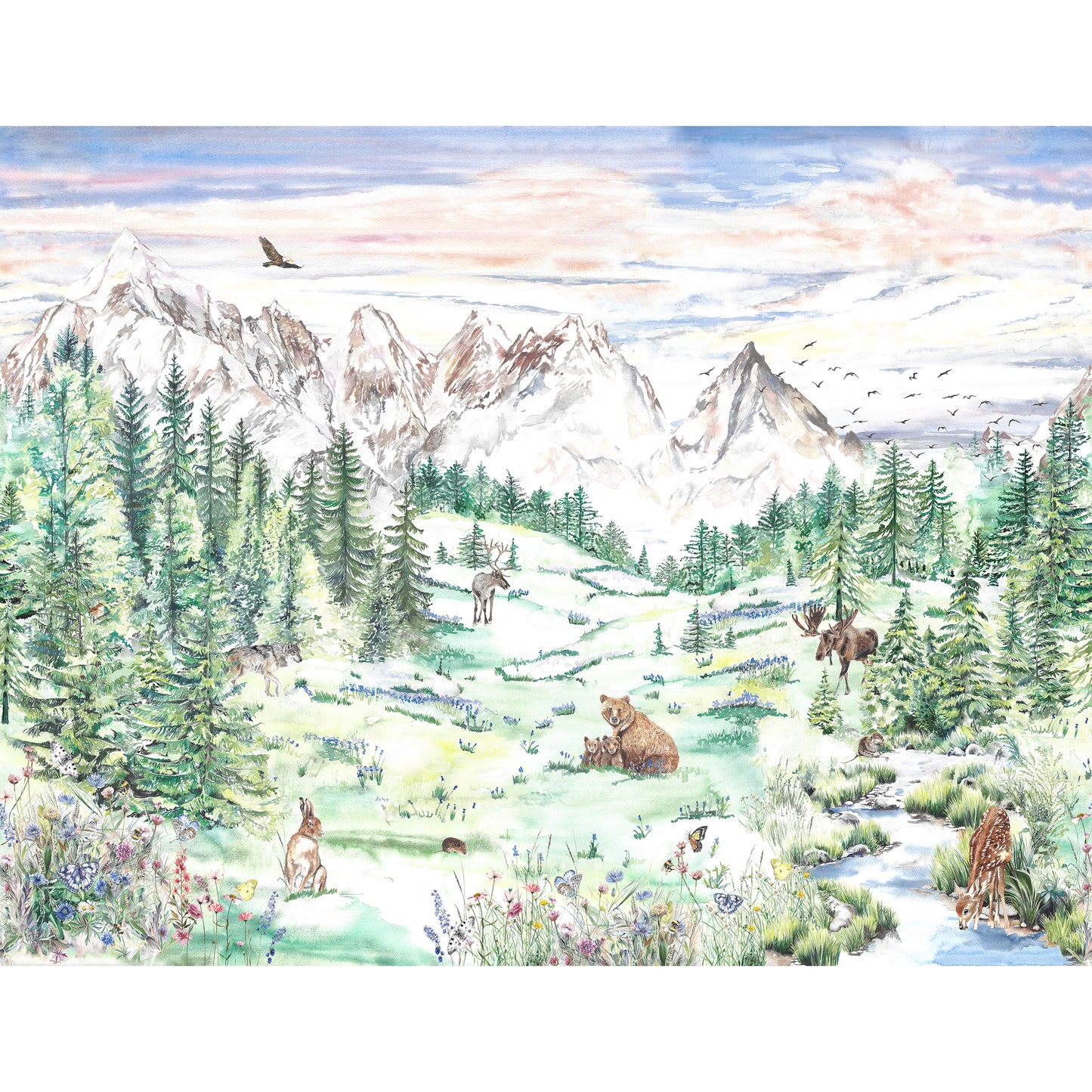 Alpine Meadow Mountain Mural Wallpaper for Kids and Nurseries