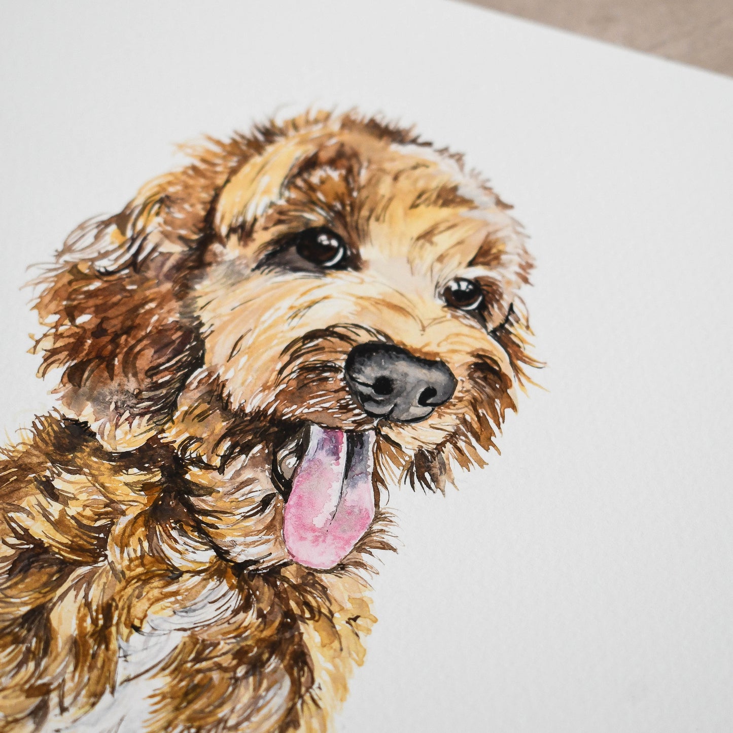 Watercolour painting of a golden cockapoo, close up of face