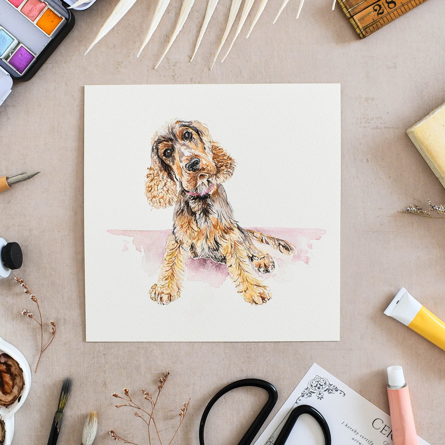 "Party Pup" Spaniel Birthday Card - Watercolour Illustration with Bunting