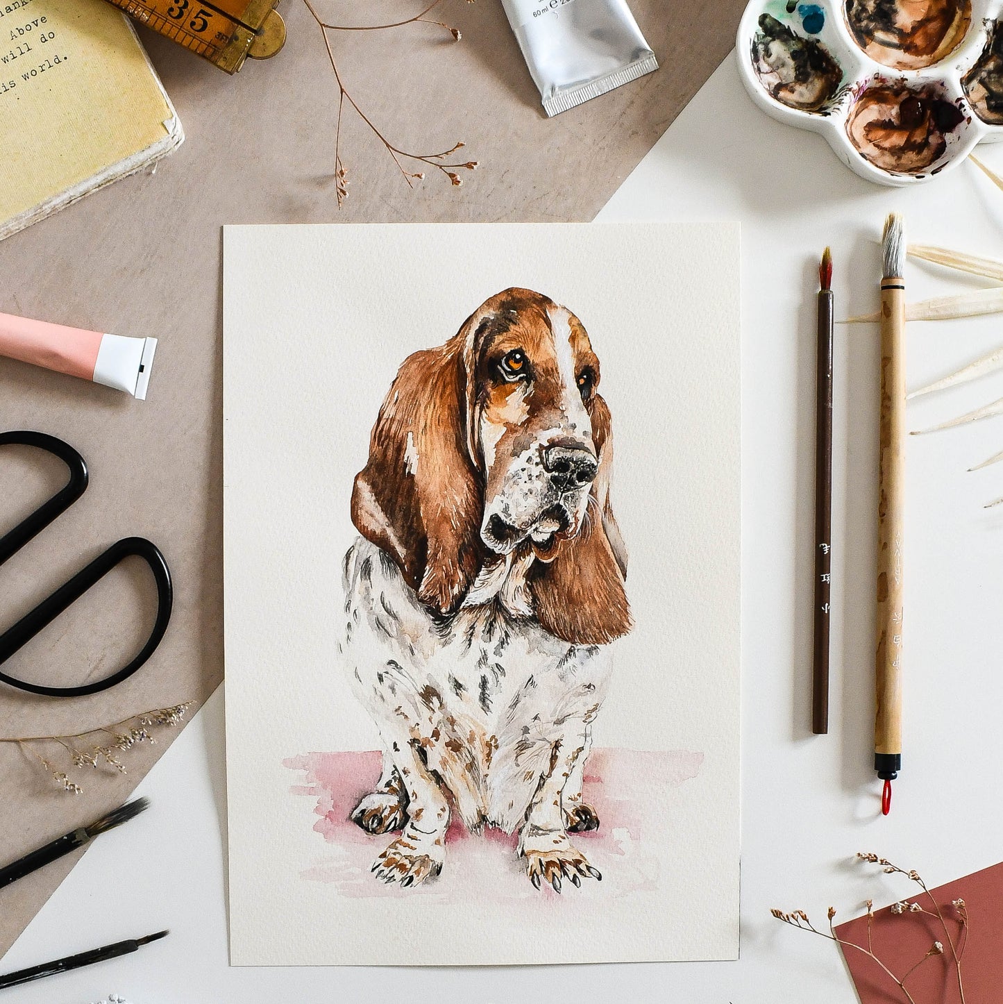 Basset Hound Birthday Card – Watercolour Dog Illustration with Party Hat