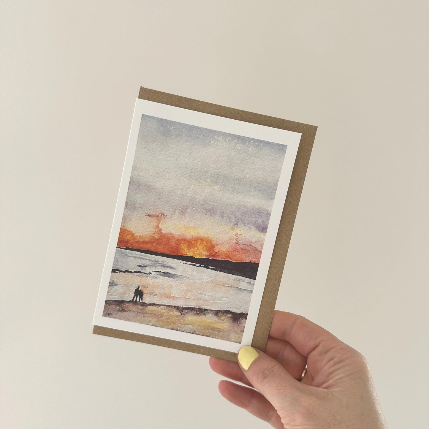 Hand-Painted South Milton Sands Beach Sunset Watercolour Greeting Card