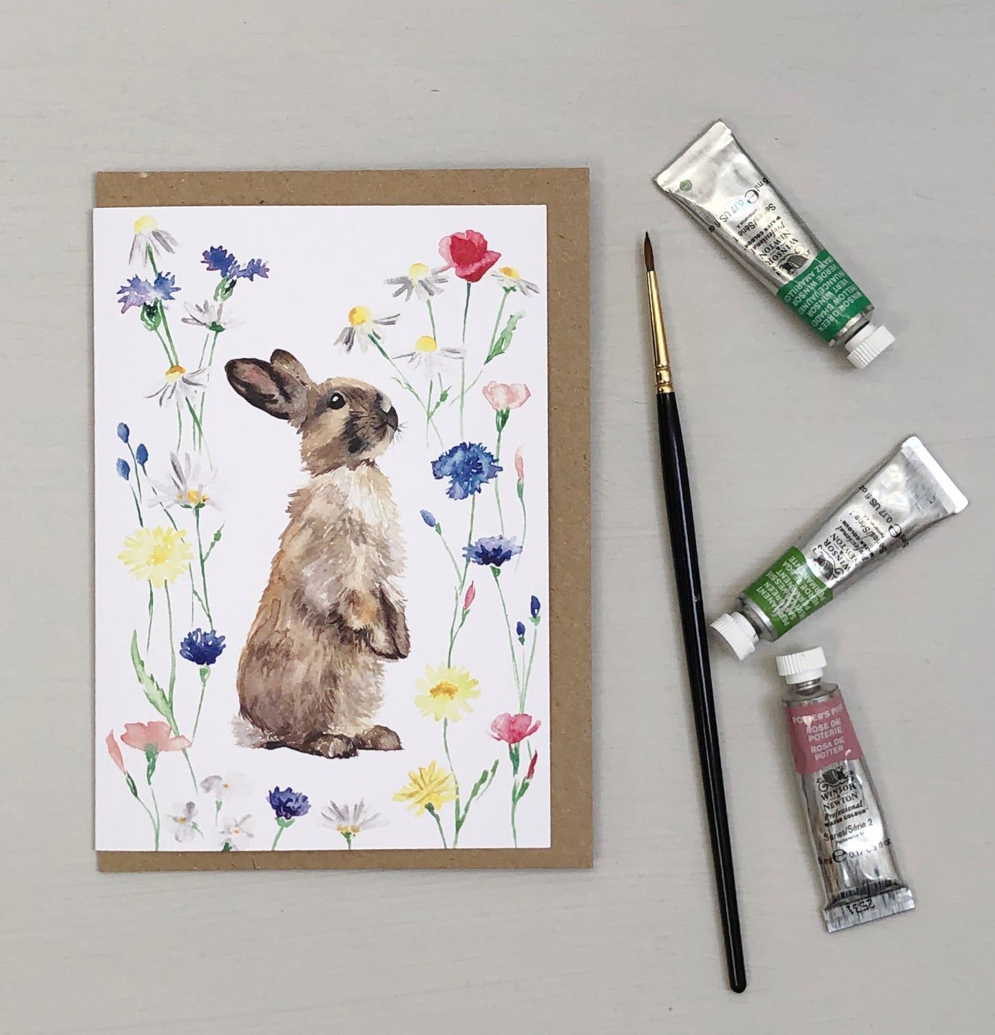 Spring bunny rabbit watercolour greetings card