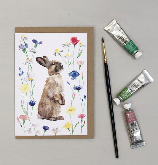 Spring bunny rabbit watercolour greetings card