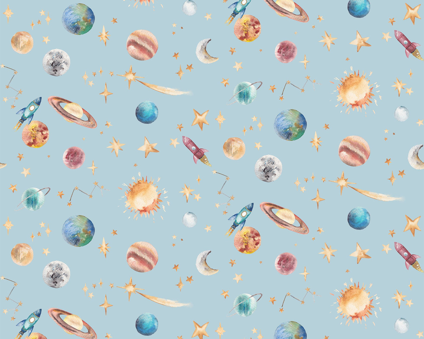 Watercolour Planets Outer Space - Cotton Curtain Fabric