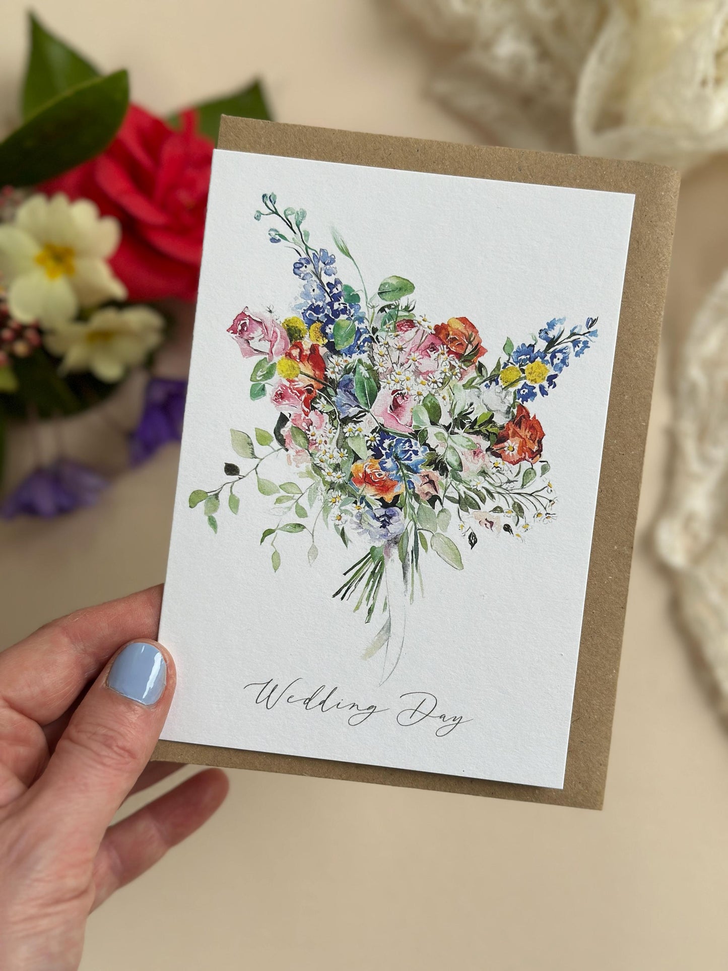 Floral Happy Wedding Day Card β Hand-Painted Watercolour Bouquet