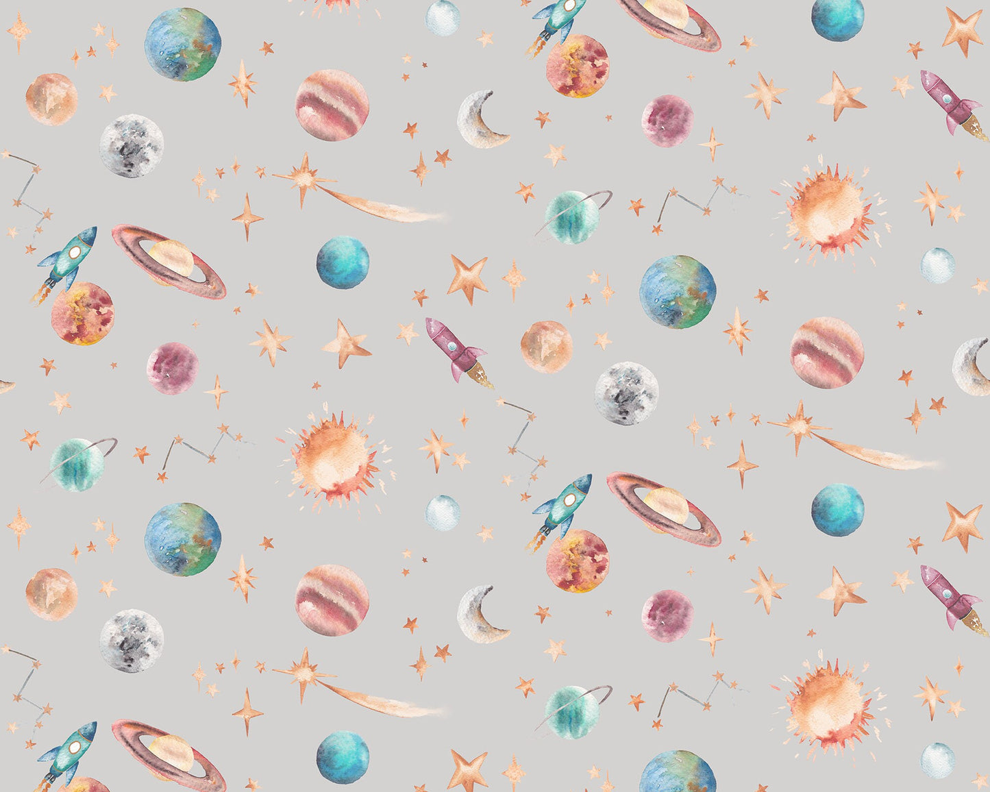 Watercolour Planets Outer Space - Cotton Curtain Fabric