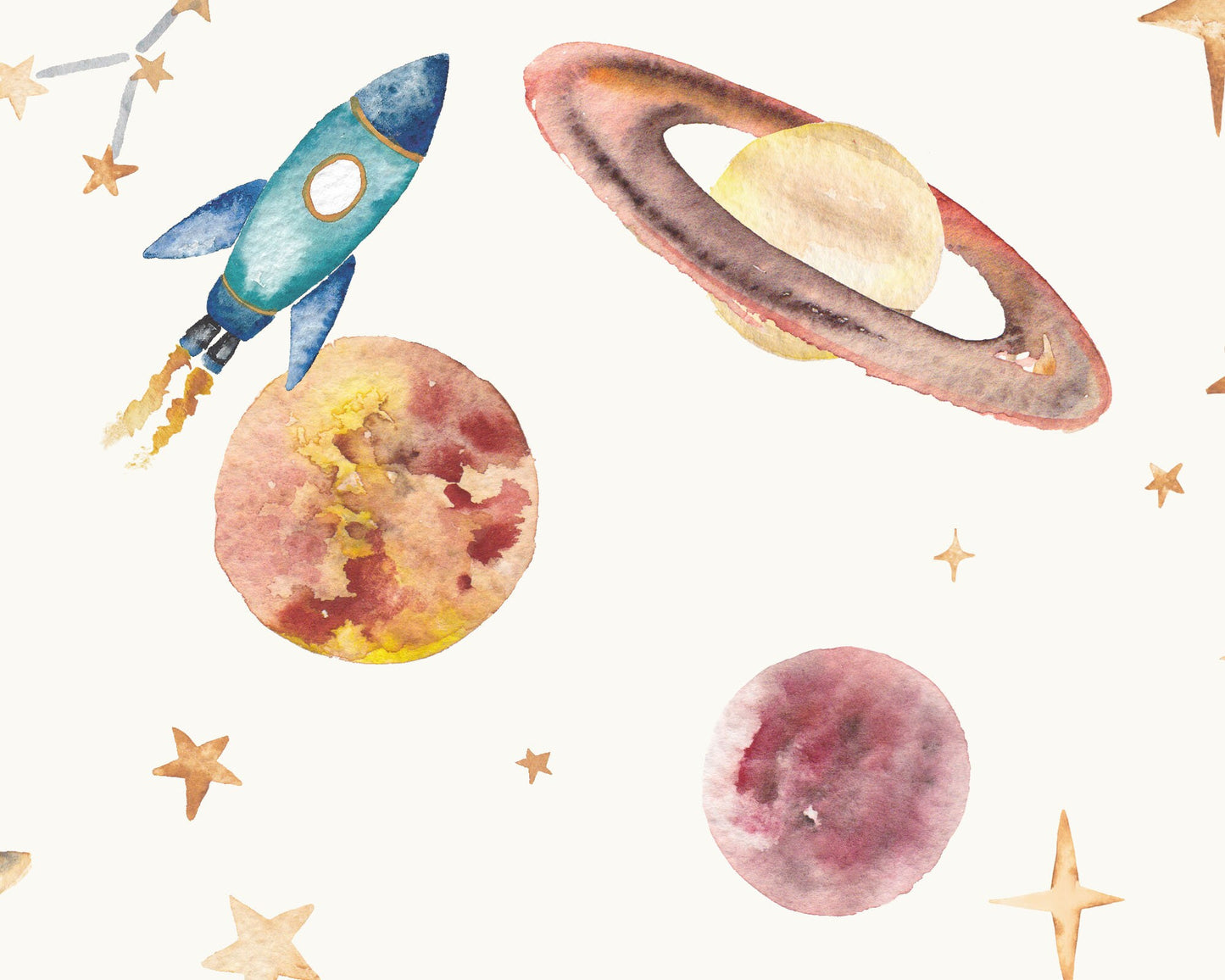 Watercolour Planets Outer Space - Cotton Curtain Fabric