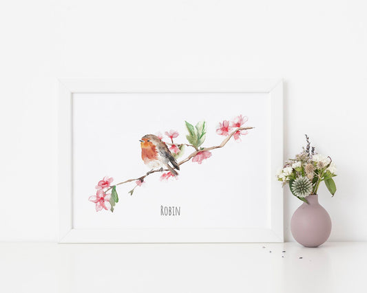 Robin and Blossom Personalised Watercolour Print