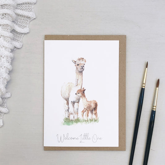 Alpaca new baby hand painted greetings card