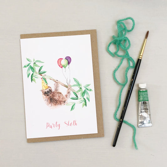 Party Sloth hand painted greetings card