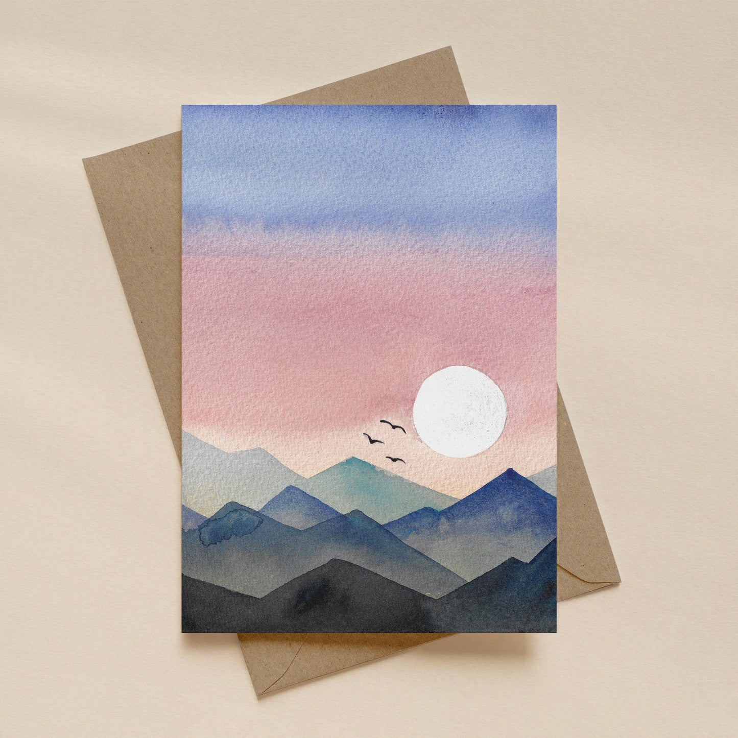 Watercolour Mountain Sunset Greeting Card – Layered Blue & Pink Landscape with Birds