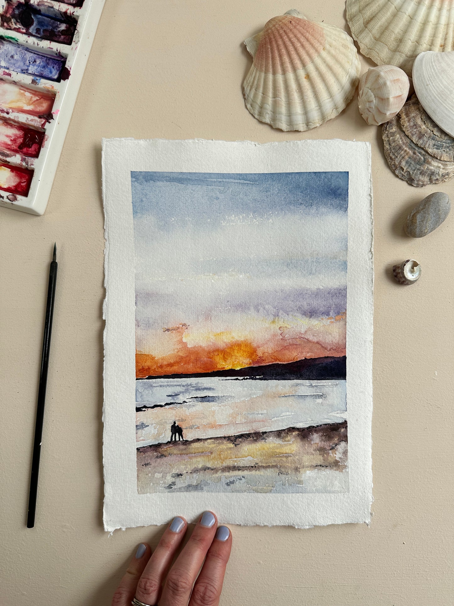 Original Watercolour Sunset Devon Beach – Hand-Painted Artwork