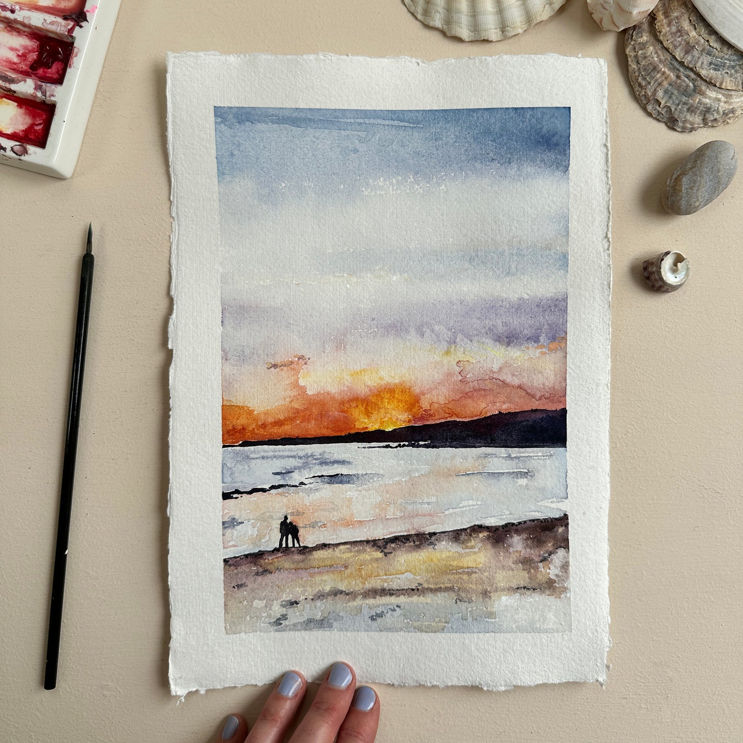 Original Watercolour Sunset Devon Beach – Hand-Painted Artwork