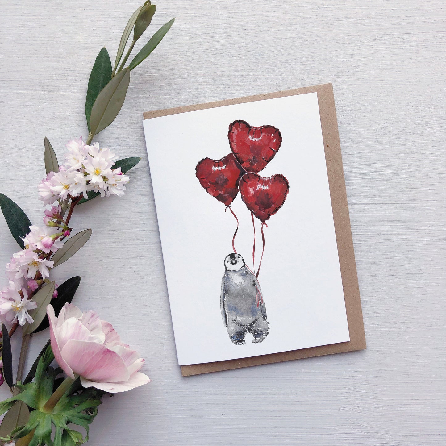Valentines penguin chick watercolour greetings card