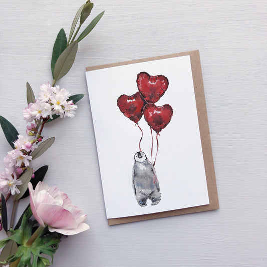 Valentines penguin chick watercolour greetings card