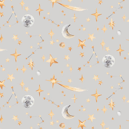 Pattern of stars, moons, and celestial elements on a gray background