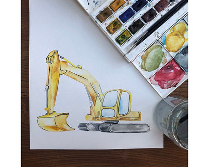 Watercolour Vehicles Wallpaper | Diggers, Fire Engines & Trucks | Kids Bedroom & Nursery