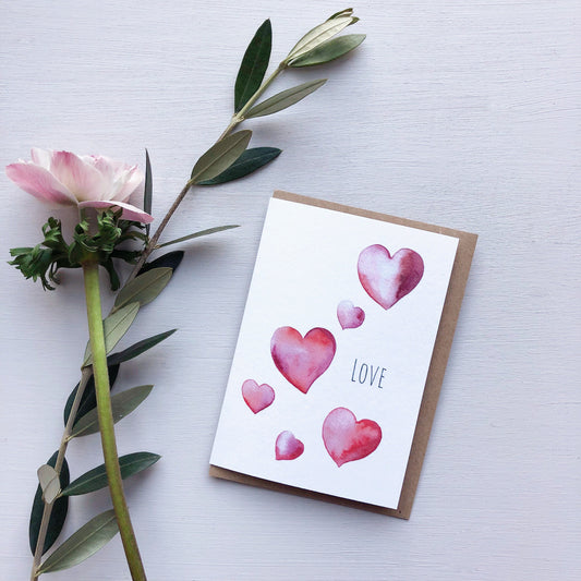 Love Hearts Watercolour Greetings Card