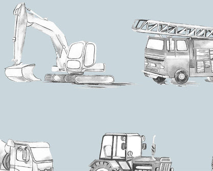 Watercolour Vehicles Wallpaper | Diggers, Fire Engines & Trucks | Kids Bedroom & Nursery