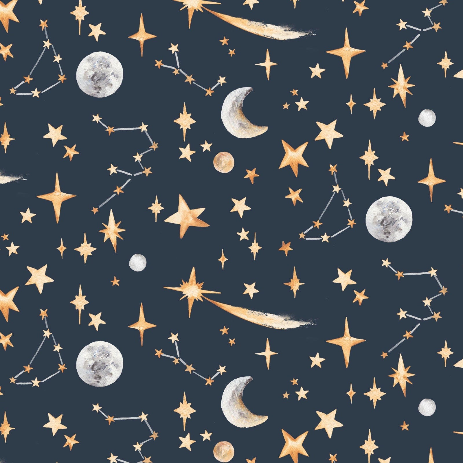 Pattern of stars, moons, and constellations on a dark blue background