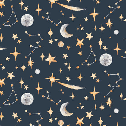 Pattern of stars, moons, and constellations on a dark blue background