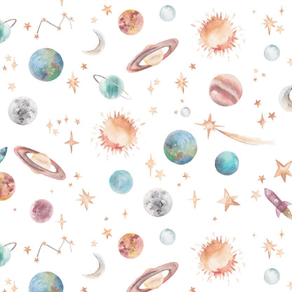 Pattern of space-themed illustrations including planets, stars, and rockets on a white background.