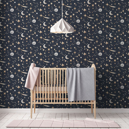Nursery room with star-patterned wallpaper and wooden crib.