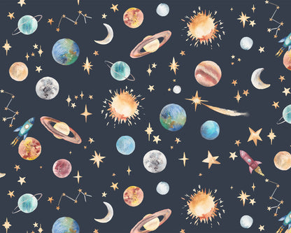 Watercolour Planet Wallpaper | Solar System, Stars & Rockets | Kids Bedroom