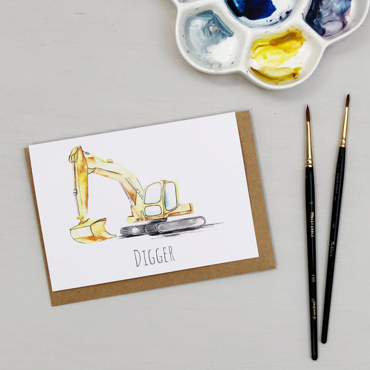 Digger construction site hand painted greetings card