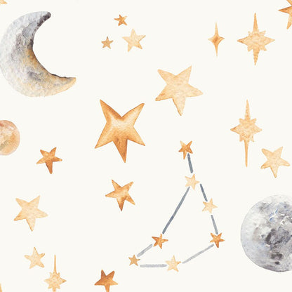 Pattern of stars, moons, and a constellation on a white background