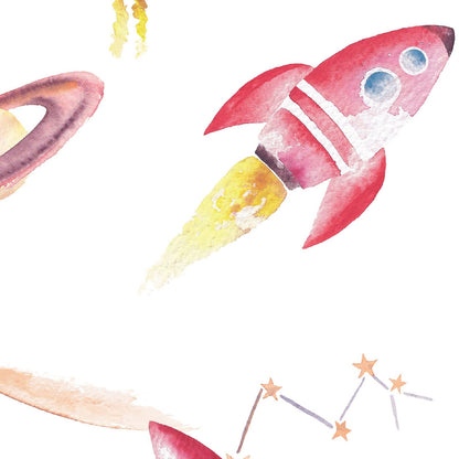 Colorful illustration of a rocket ship, planet, and stars on a white background